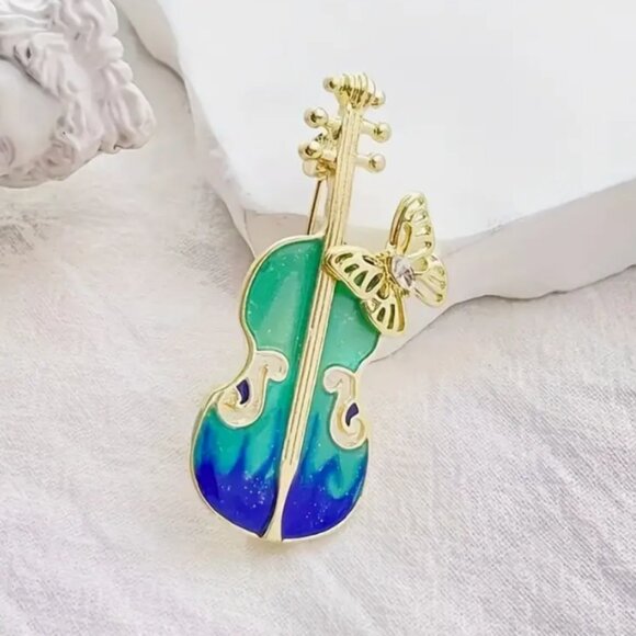 Novelty Musical Violin & Butterfly Design Charm Colorful Goldtoned Brooch - Picture 1 of 4